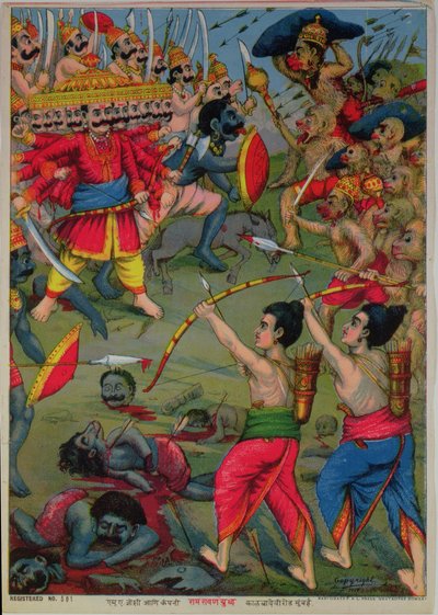Rama och Lakshmana i strid med Ravana, Ramayana-eposet, ca 1914 (chromolitho) av School Indian