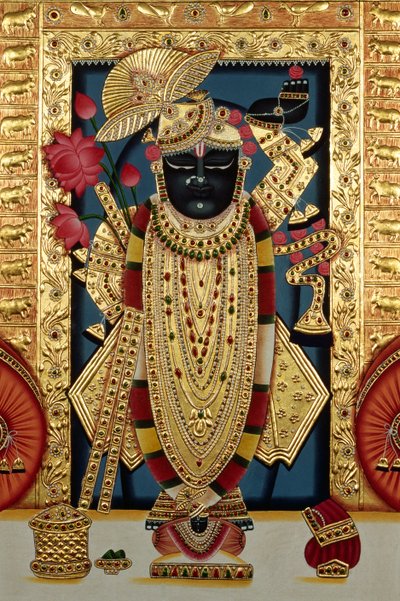 Shri Lord Shree Nathji eller Shreenathji i Nathdwara Miniatyrmålning på papper med guldprägling av School Indian