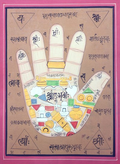 Tantriskt diagram över vänster hand (gouache och akvarell på papper) av School Indian