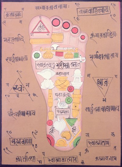 Tantriskt diagram över höger fot (gouache och akvarell på papper) av School Indian