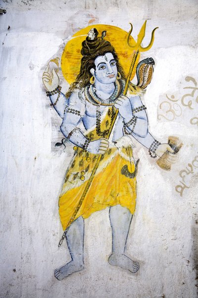 Guden Shiva med en trishul (fresk) av School Indian