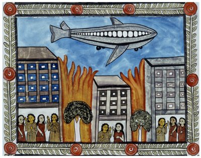 Berättelsen om attackerna den 11 september 2001 berättad av köpmännen Baul från Bengalen. Målning, serie, nummer 6/9, Bengal. av School Indian