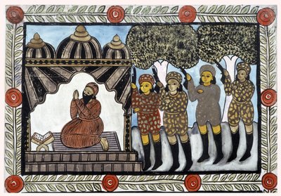 Berättelsen om attackerna den 11 september 2001 berättad av köpmännen Baul från Bengalen. Målning, serie, nummer 1/9, Bengal. av School Indian