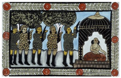 Berättelsen om attackerna den 11 september 2001 berättad av köpmännen Baul från Bengalen. Målning, serie, nummer 2/9, Bengal. av School Indian