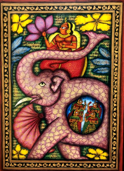 Kvinna sitter på elefant och håller blomma Miniatyrmålning, Indien av School Indian