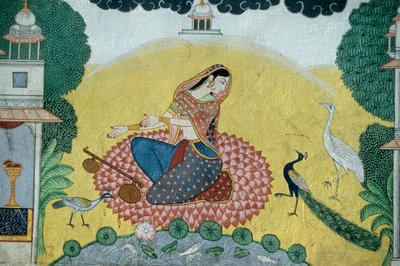 Kvinna med Rudra Veena Miniatyrmålning, Indien av School Indian