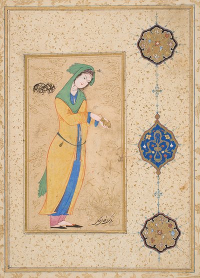 Houri står i en trädgård (ogenomskinlig akvarell på papper) av School Iranian