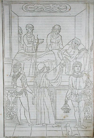 En läkare som besöker en patient, från "Fascilulus Medicinae" av Johannes de Ketham (d.c.1490) 15-1600-talet (träsnitt) av School Italian