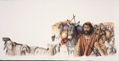 Abraham lämnar staden Ur (färg litho) av School Italian