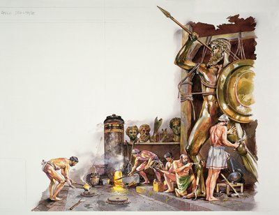 Forntida Aten - rekonstruktion av en bronsskulpturverkstad (färg litho) av School Italian