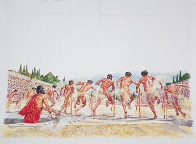 Forntida Aten - rekonstruktion av stadion (färg litho) av School Italian