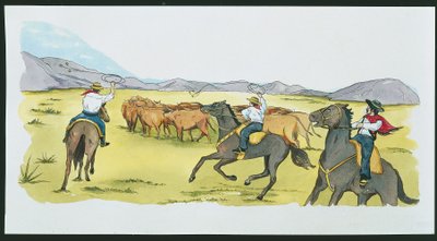 Argentina - gauchos samlar boskap i Pampas (färg litho) av School Italian