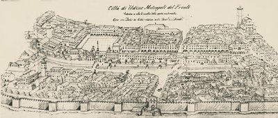 Fågelperspektiv av västra delen av staden Udine, gravyr, Italien av School Italian