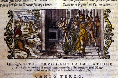 Bradamante träffar trollkarlen Melisse som berättar för henne att hon och Roger (Ruggero, Ruggiero) grundade Este-dynastin, scen hämtad från riddardikten "Orlando Furioso" (Den rasande Roland) av Ludovico Ariosto (1474 - 1533) dit L