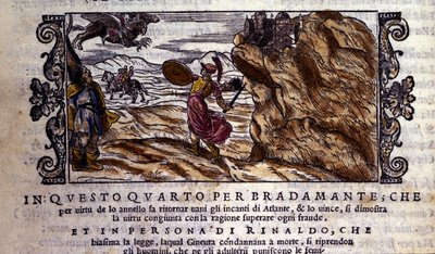 Bradamante sliter Brunel sin förtrollande ring, tack vare vilken hon förringar Atlantes kraft och levererar Roger (Ruggero, Ruggiero), scen för riddardikten "Orlando Furioso" (Den rasande Roland) av Ludovico Ariosto (1474 - 1533) dit L 