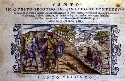 Till höger möter Angelique (Angelica) en eremit som kommer att stoppa kampen mellan Renaud (Rinaldo) och Sacripant (Sacripante) om hästen Bayard - Scen tagen från riddardikten "Orlando Furioso" (Le Roland Furieux) av Ludovico Ariosto ( 1474-1533) av School Italian