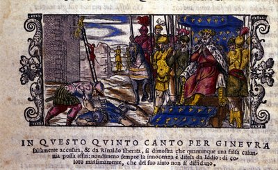 Prinsessan Ginevra är oskyldig och kampen mellan förtal och den okände riddaren som kom för att försvara Ginevra avbryts. scen av riddardikten till "Orlando Furioso" (Den rasande Roland) av Ludovico Ariosto (1474 - 1533) kallad L