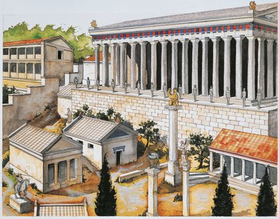Rekonstruktion av Apollo Sanctuary, Delphi, 8:e till 3:e århundradet f.Kr. (färg litho) av School Italian
