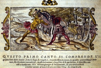 Representation av kampen mellan Ferragus, bovetet och Renaud (Rinaldo), båda förälskade i den vackra Angelica (Angelica), scen hämtad från riddardikten "Orlando Furioso" (Den rasande Roland) av Ludovico Ariosto (1474-1533) kallas L