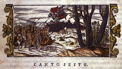 Ruggiero bärs av hippogriffen till ön Alcina där han attackeras av en armé av monster, scen från "Orlando Furioso" av Ludovico Ariosto (1474-1533) av School Italian
