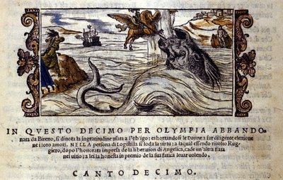 Scen av den ridderliga dikten "Orlando Furioso" (Den rasande Roland) av Ludovico Ariosto (1474 - 1533) X L