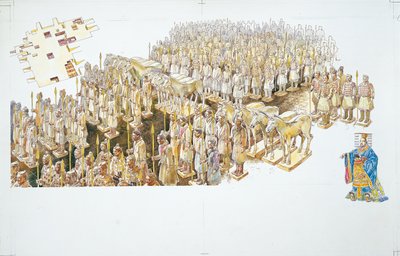 Terrakottaarmén i kejsar Qin Shi Huangs grav (färg litho) av School Italian