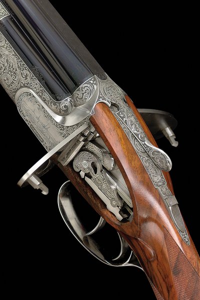 Torcoli och Ferrante-graverad 12-håls "måsvinge" över-och-under sidolås ejektorpistol av Flli. Bertuzzi (trä & metall) (se även 1109026-7) av School Italian