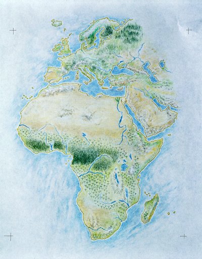 Omärkt karta över Afrika och Europa (litho i färg) av School Italian