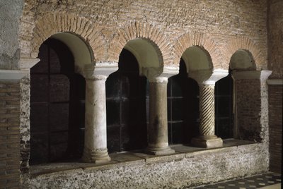 Utsikt över klostret i kyrkan Saint Vincent och Saint Anasthasus, klostret för de tre fontänerna (Tre-Fontane) (Chiesa dei Santi Vincenzo e Anastasio alle Tre Fontane) (Utsikt över klostret i kyrkan St Vincenzo e Anastasio, abbazia delle T av School Italian