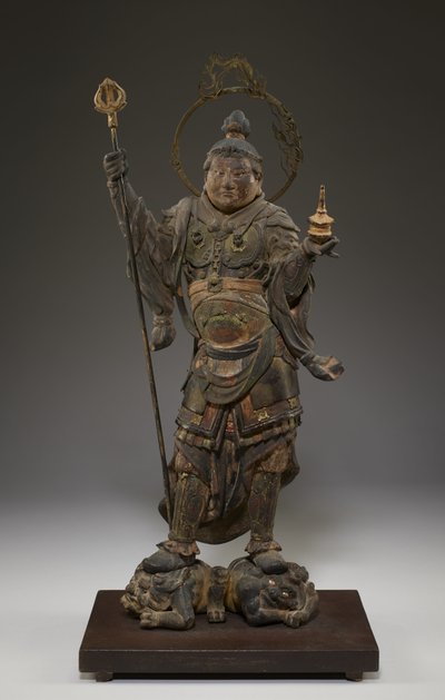 Bishamonten (Vaisravana, Nordens väktare) (polykromt trä med kristall, bladguld och metall) av Japanese School