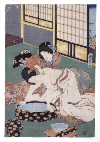 Companion att torka av kvinnans nacke och axlar (träsnitt i färg) av School Japanese