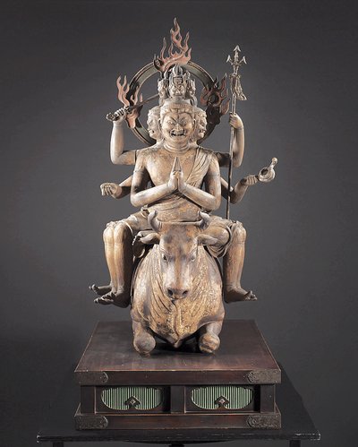 Daiitoku Myoo, Kamakura Period, ca 1251-99 (trä, metall, bladguld och pigment) av Japanese School