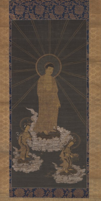 Descent of Amida, eller Raigo, Muromachi Period c.1333-1568 (bläck på tyg) av School Japanese