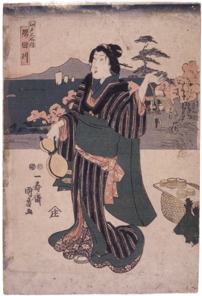 Edo Meisho House: Sumidagawa (kvinna med kalebass) av School Japanese