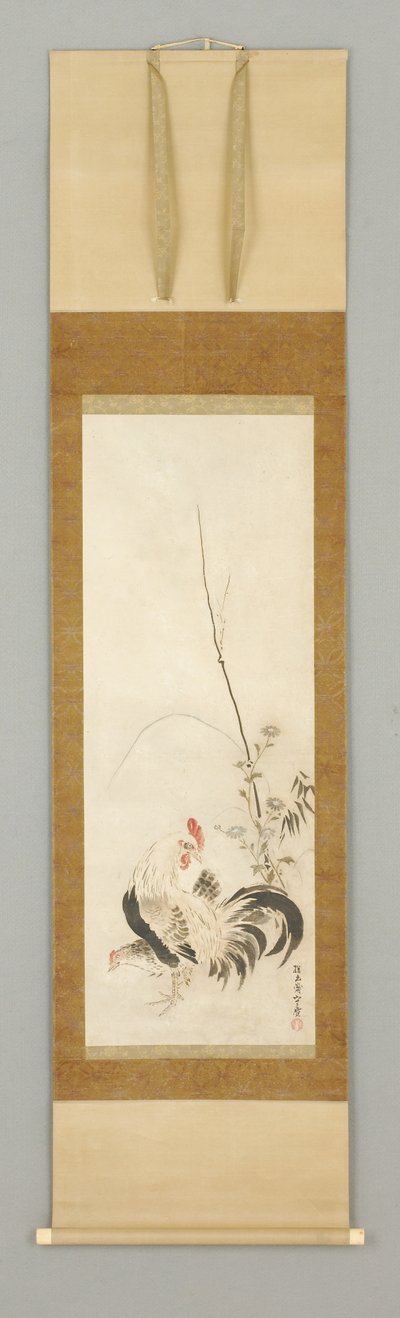 Kakemono, tupp och höna m/blommor av Japanese School