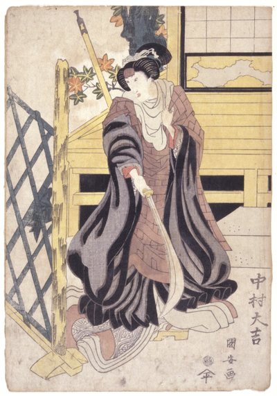 Nakamura Daikichi, kvinnlig roll med hellebard (träsnitt i färg) av School Japanese