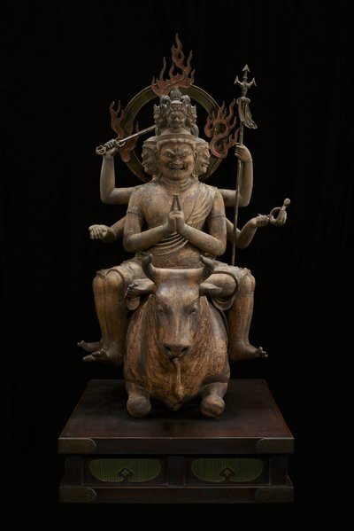 Wisdom King of Awe-inspiring Power (Daiitoku Myōō) (polykromt trä med kristall, bladguld och metall) av Japanese School