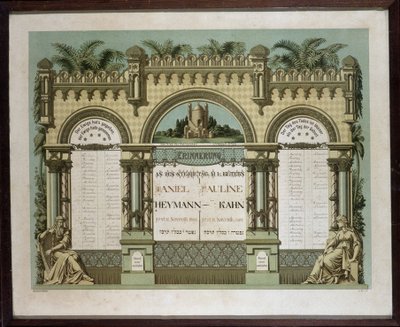 Minneskalender för framtida bårhustjänster för en avliden nära släkting. Jahrzeit målning. Judiska museet i Basel, Schweiz. av School Jewish