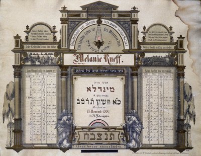 Minneskalender för framtida bårhustjänster för en avliden nära släkting. Jahrzeit målning. Judiska museet i Basel, Schweiz. av School Jewish
