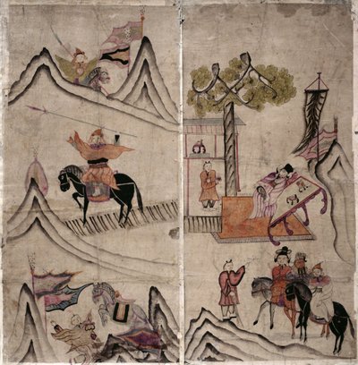 Två paneler av en åttafaldig skärm föreställande "A Story of Three Kingdoms" (naturliga pigment på papper) av School Korean