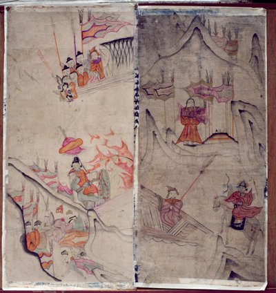 Två paneler av en åttafaldig skärm föreställande "A Story of Three Kingdoms" (naturliga pigment på papper) av School Korean