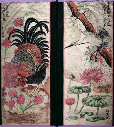 Två paneler av en åttafaldig skärm föreställande fåglar och blommor (naturpigment på papper) av School Korean