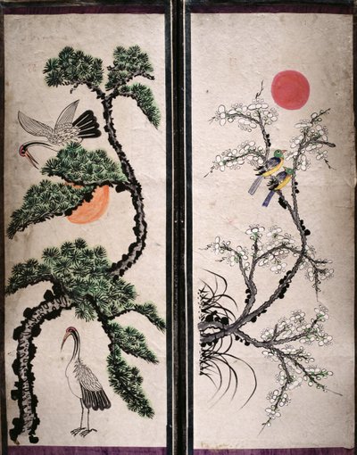 Två paneler av en åttafaldig skärm föreställande fåglar och blommor (naturpigment på papper) av School Korean