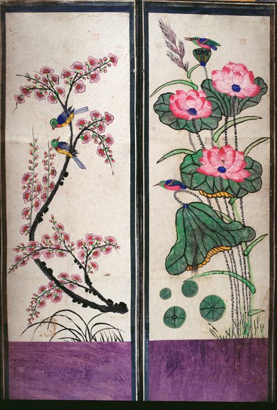 Två paneler av en åttafaldig skärm föreställande fåglar och blommor (naturpigment på papper) av School Korean