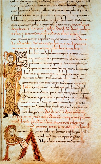 Sankt Matteus; bokstaven M (huvudet för Lejonet av Sankt Markus). Sida i "" Sacramentary of Gellone", folio 42. Upplyst av David, v. 790, Frankrike, Meaux eller Cambrai. BN, Paris av School Merovingian