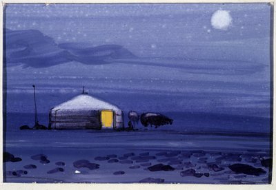 Mongolisk jurta, natt - mongolisk akvarell av School Mongolian