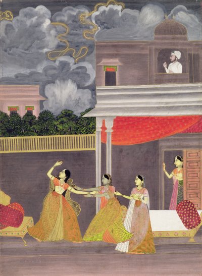En dam hämtad från en storm på natten: illustration från musikläget Madhu Madhavi, ca 1760 (gouache på papper) av School Mughal