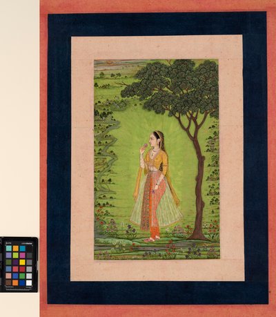 En kvinna som står vid ett träd och håller i en blomma, ca 1720 (ogenomskinlig w/c och guld på papper) av School Mughal