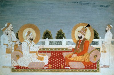 Indisk konst: "" Representation of Mohammed Shah (1702-1748) Indian Emperor and Nadir Shah (1688-1747), Shah of Iran"" Miniature of the Mughole School, Muhammad Shah (1526-1858 A.D.), Sun. 0,21x0,31 m - Paris, Musee Guimet, Musee national des Arts Asians - av School Mughal