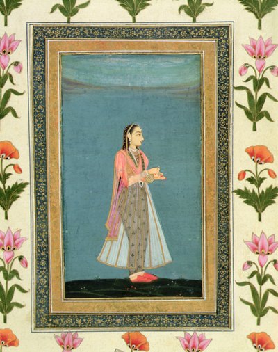 Dam som håller en vinflaska och kopp, från Large Clive Album (akvarell på papper) av School Mughal